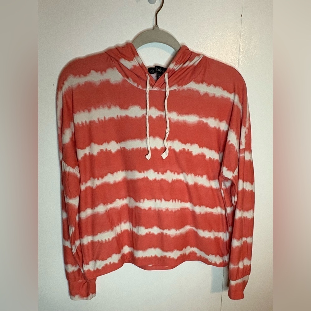 Derek Heart Coral & White Long Sleeve Hooded Tie-Dye Cropped Top Size Medium